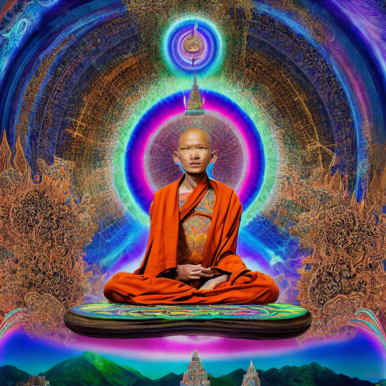 Monk meditating in lotus position among vibrant psychedelic patterns