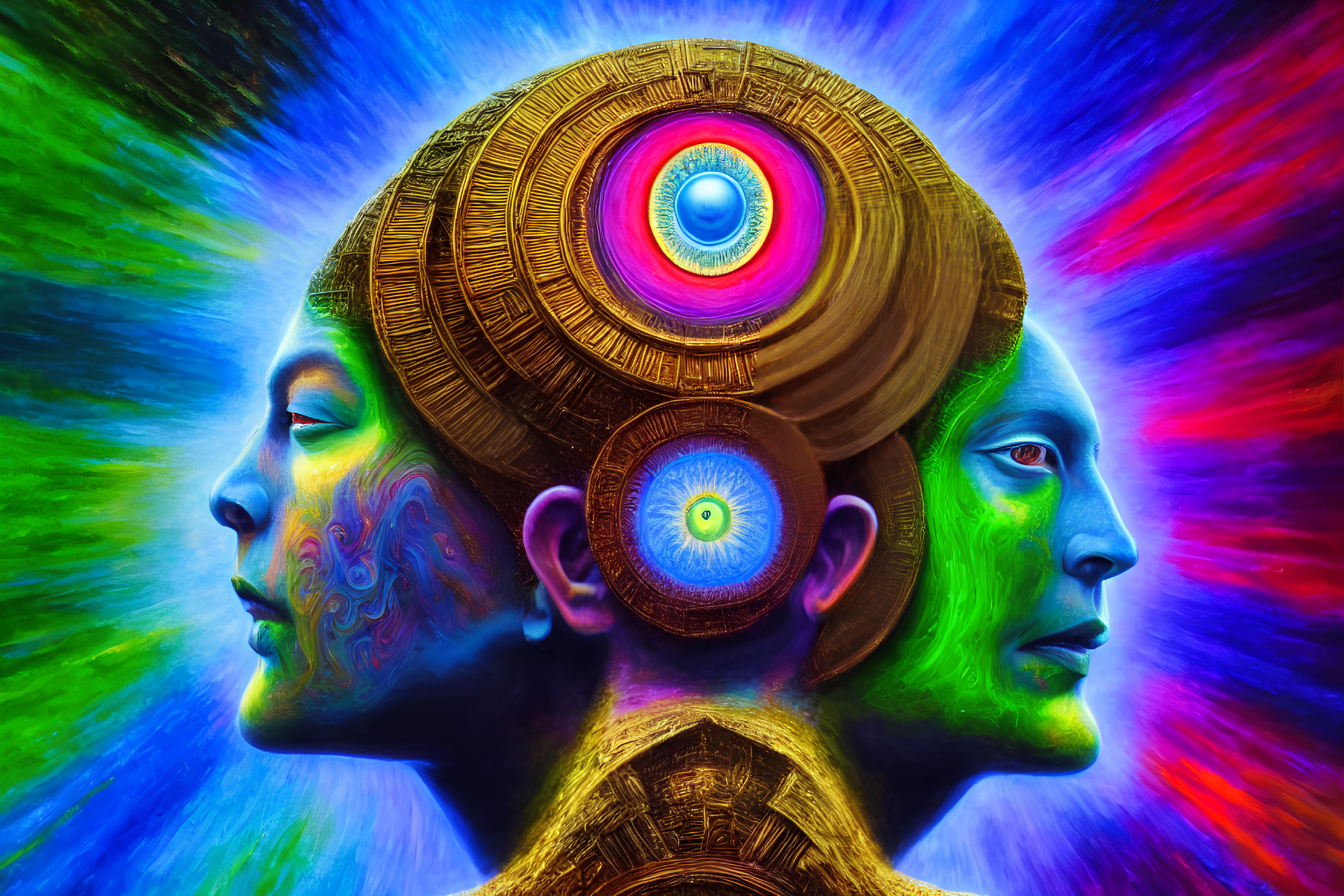 Colorful digital artwork of two profiles with painted skin and cosmic patterns on radiant backdrop