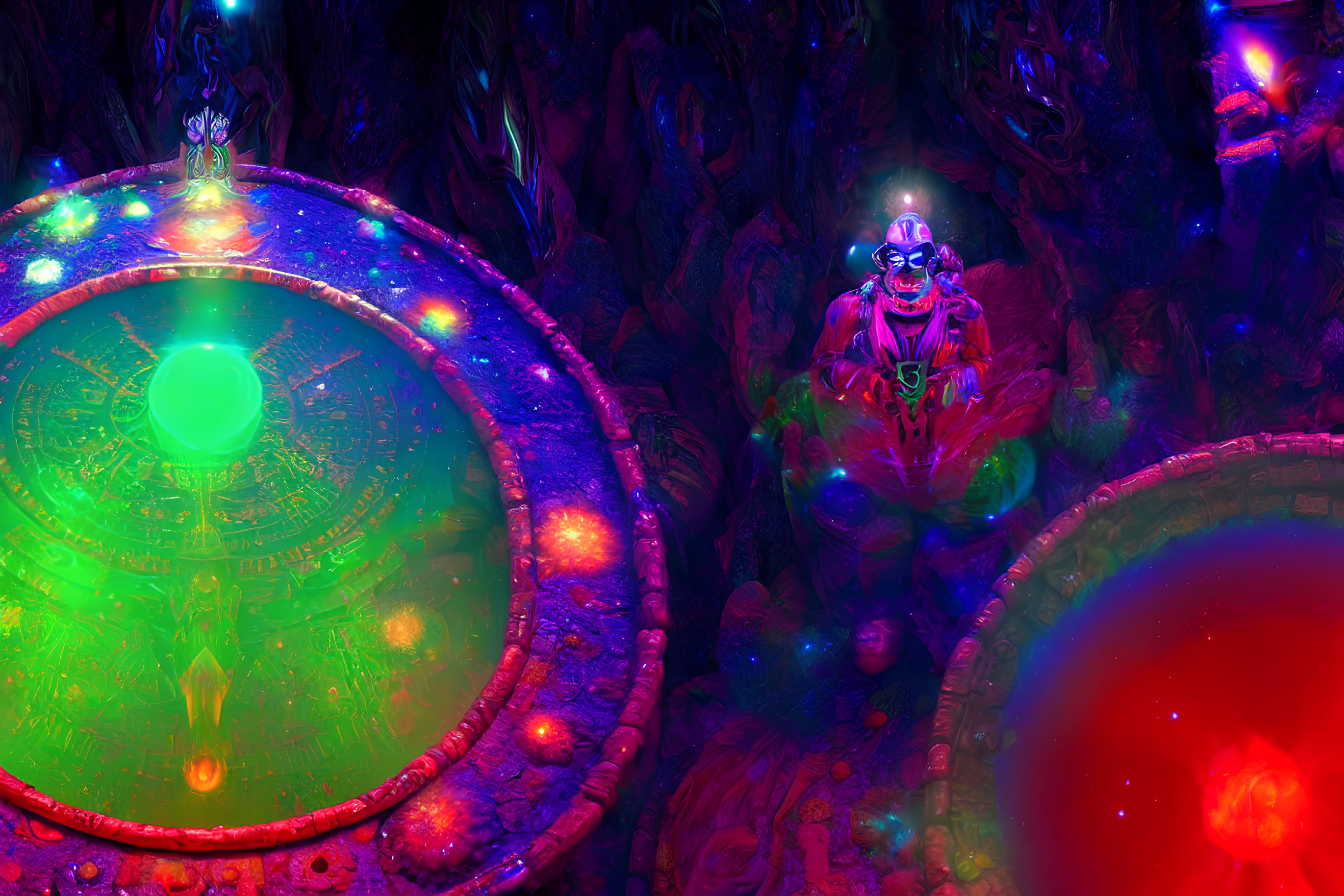 Mystical creatures in vibrant fantasy scene with neon-lit flora