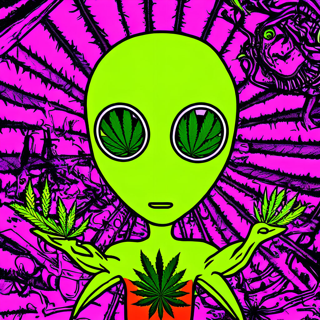 Colorful Graphic: Green Alien with Marijuana Leaves on Psychedelic Pink Background