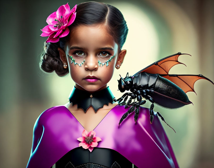 Young girl with creative makeup in purple outfit, floral hairpiece, collar, and digital art beetle with