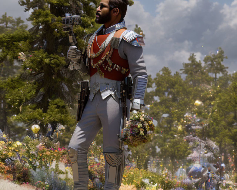 Futuristic military figure in uniform with rifle in lush garden
