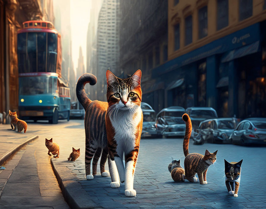 Digitally altered image: Oversized cats in city street with tram and vehicles, creating feline-dominated