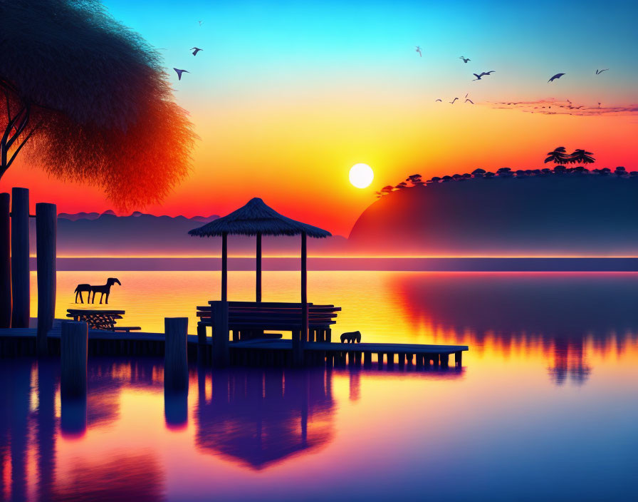 Scenic sunset with horse silhouette, dock, gazebo, and birds over calm lake