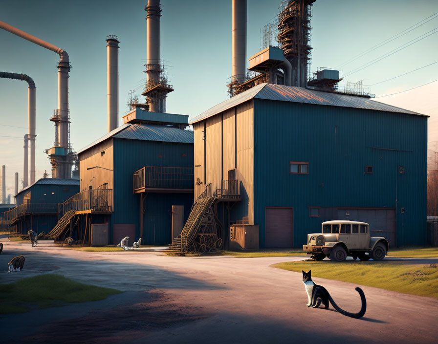 Blue industrial buildings, chimneys, vintage truck, and cats in warm light