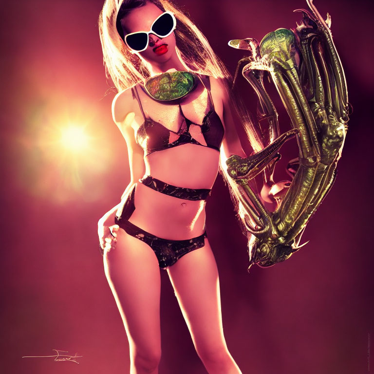 Woman in Black Bikini with Musical Note Balloon and Sunglasses