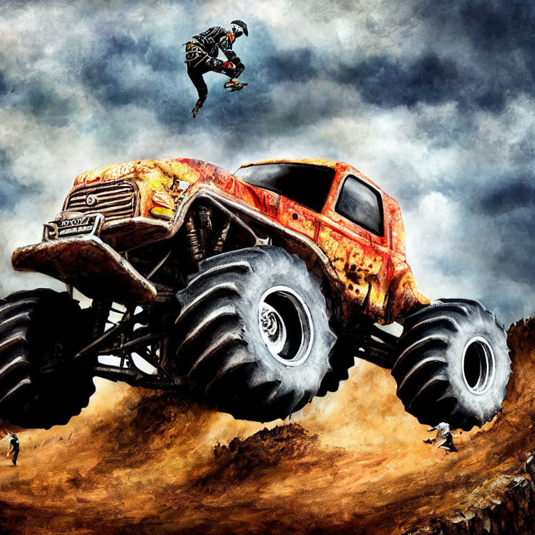 Gigantic monster truck jumping over dirt track with dramatic sky and mid-air stunt