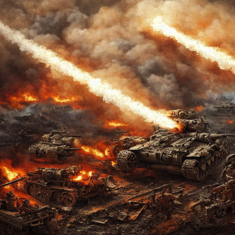 Destroyed tanks engulfed in flames in apocalyptic scene