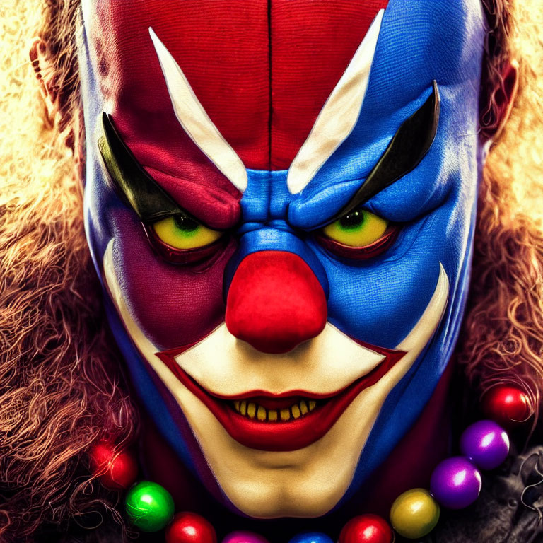 Colorful Clown Close-Up with Red Nose and Sinister Smile