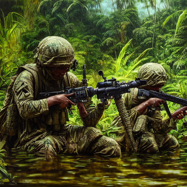 Soldiers in camouflage gear kneeling in dense jungle with rifle and binoculars