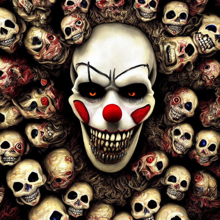 Sinister clown face with glowing eyes among skulls and twisted faces in dark setting