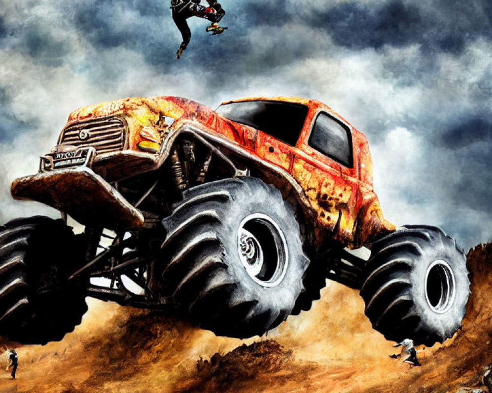 Gigantic monster truck jumping over dirt track with dramatic sky and mid-air stunt