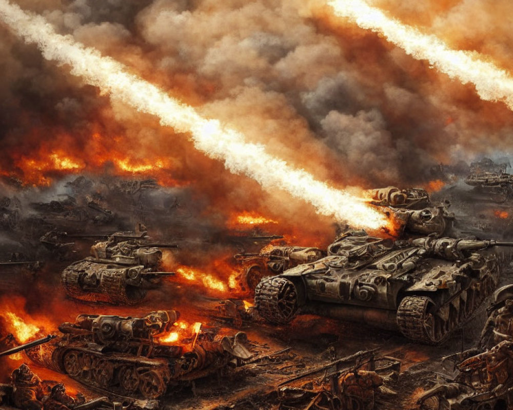 Destroyed tanks engulfed in flames in apocalyptic scene