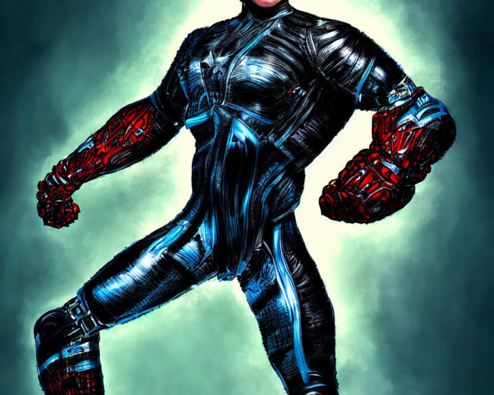 Muscular superhero in black suit with silver accents and red gauntlets on teal background