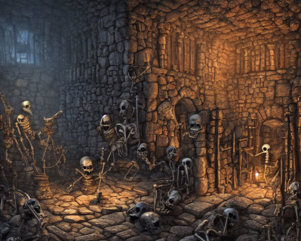 Spooky dungeon with animated skeletons, skulls, and dim torchlight