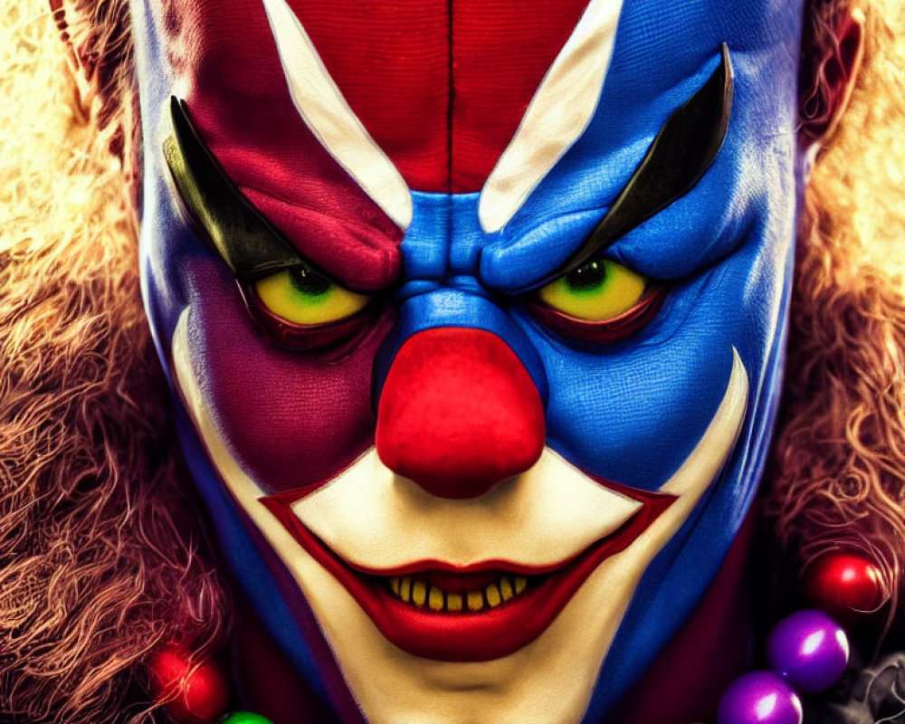 Colorful Clown Close-Up with Red Nose and Sinister Smile