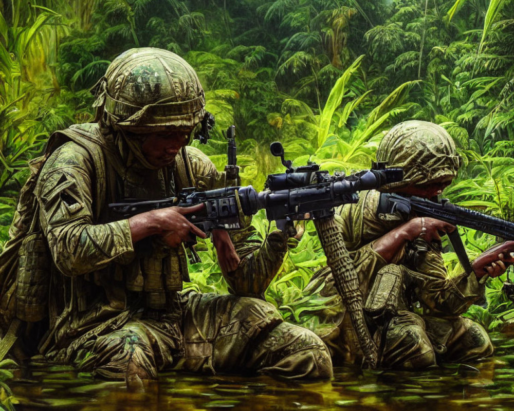 Soldiers in camouflage gear kneeling in dense jungle with rifle and binoculars