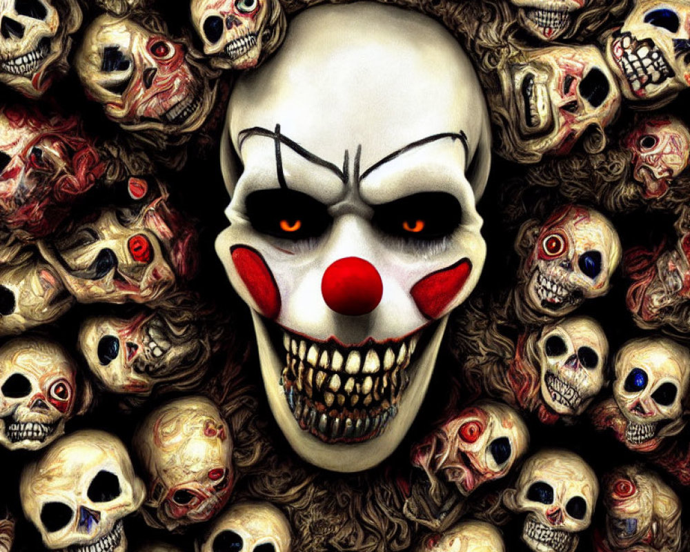 Sinister clown face with glowing eyes among skulls and twisted faces in dark setting
