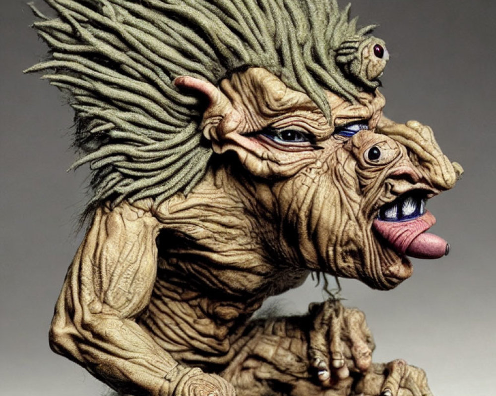 Fantasy creature sculpture with spiky green hair, multiple eyes, and exaggerated mouth