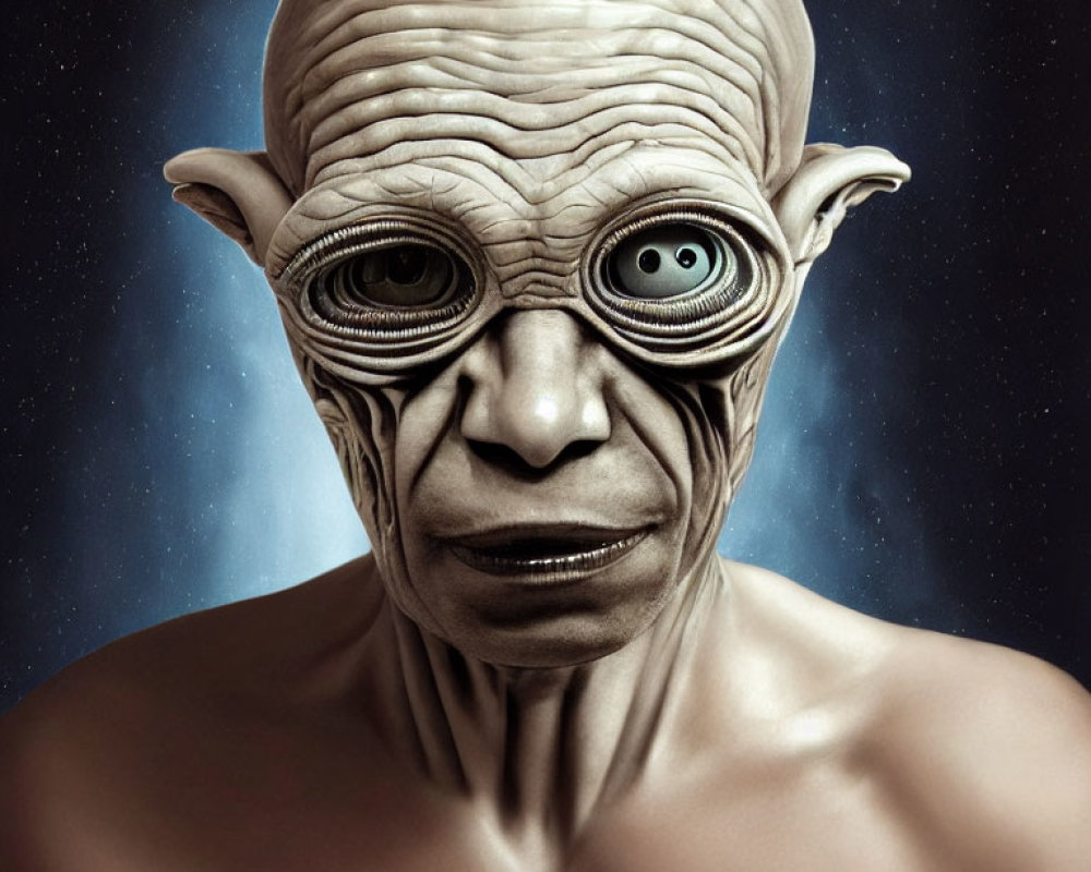 Detailed Alien Illustration with Large Green Eyes and Bald Head