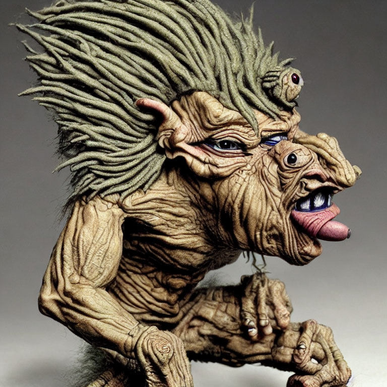 Fantasy creature sculpture with spiky green hair, multiple eyes, and exaggerated mouth