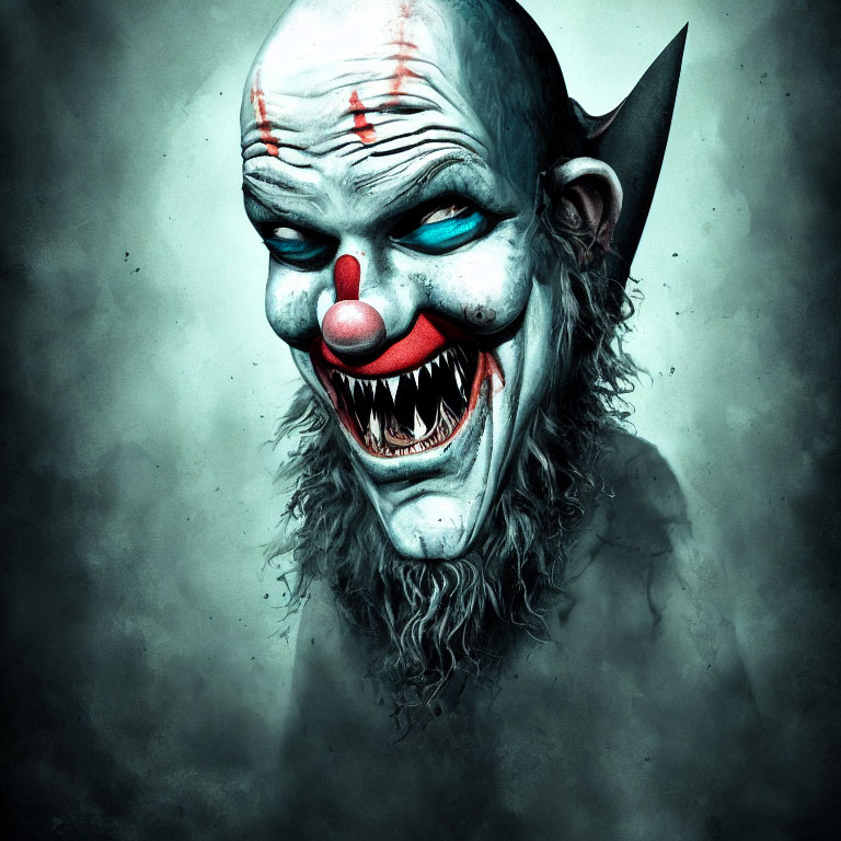 Sinister clown with sharp teeth and malevolent grin illustration