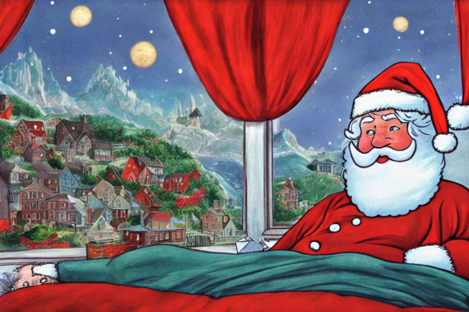 Festive Santa Claus peeking from red curtains with snowy village and mountains.