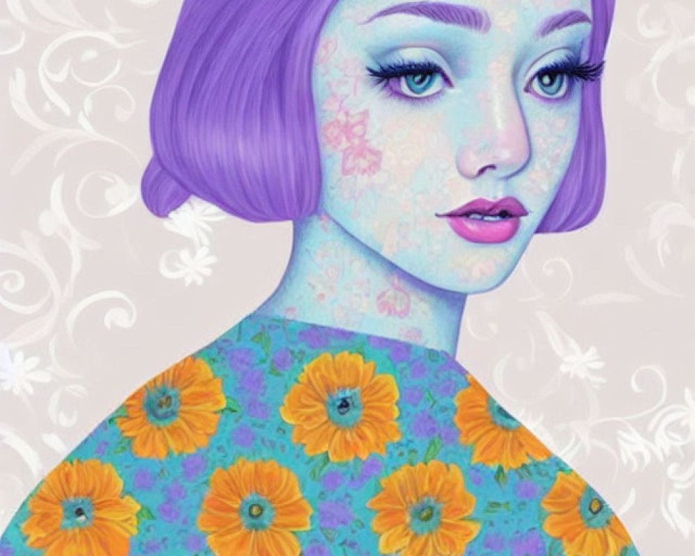 Colorful illustration of person with purple hair and floral skin pattern.