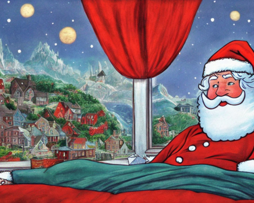 Festive Santa Claus peeking from red curtains with snowy village and mountains.