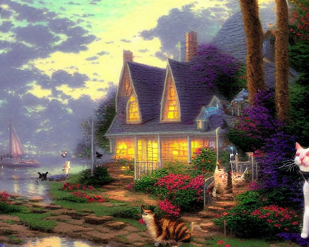 Twilight scene of cottage by water with glowing windows, lush gardens, cats, trees, and flowers
