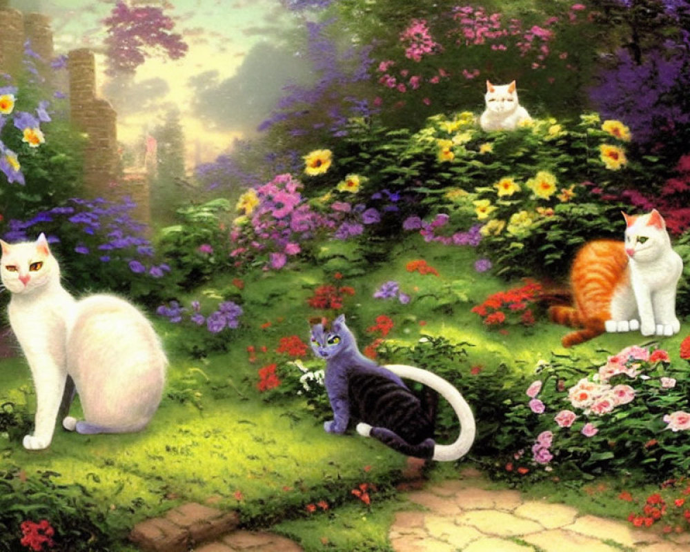 Four Diverse Cats in Vibrant Garden with Lush Greenery and Colorful Flowers