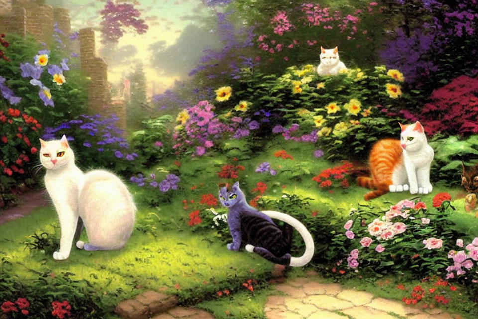 Four Diverse Cats in Vibrant Garden with Lush Greenery and Colorful Flowers