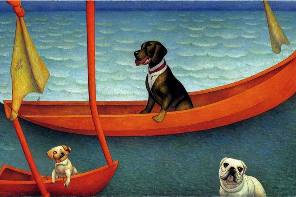 Three dogs on a red boat in blue sea with one holding a flag