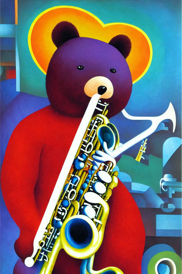 Vibrant Cubist-style bear playing saxophone on blue background