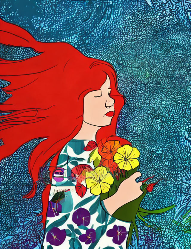 Vibrant red-haired woman with bouquet on textured blue background
