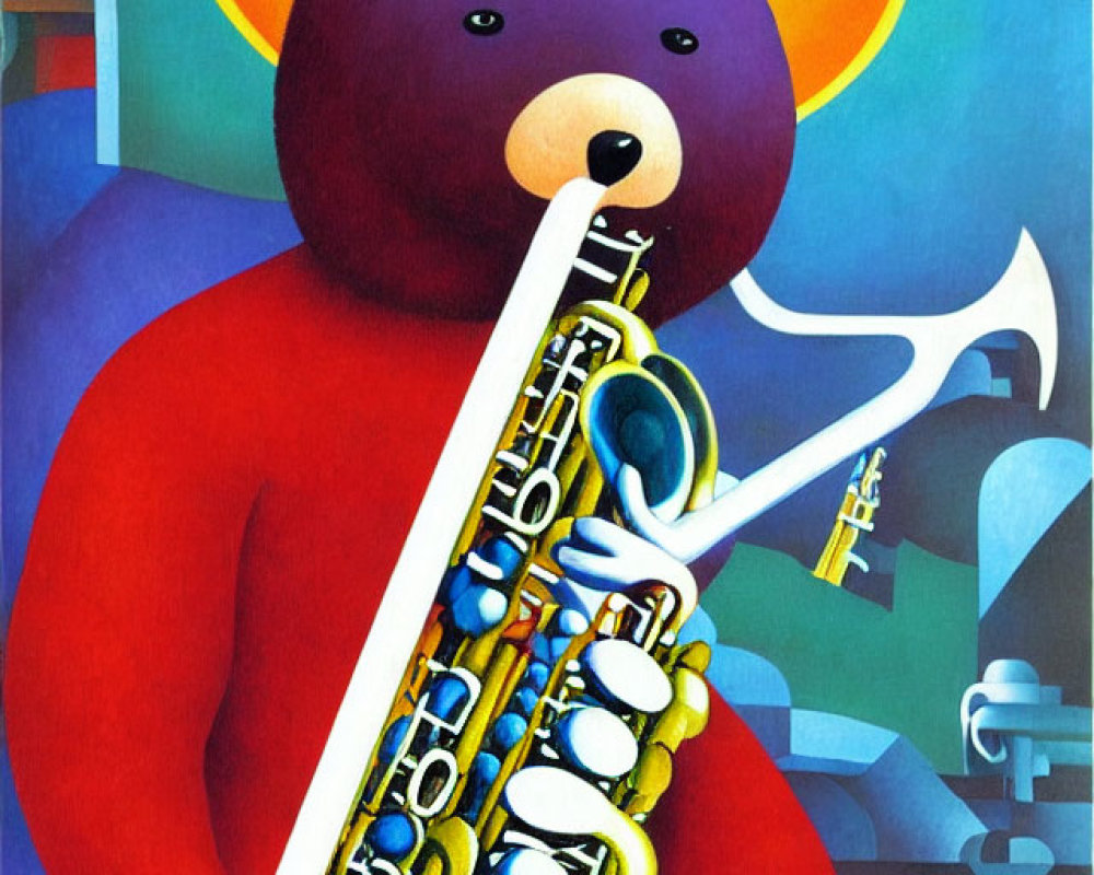 Vibrant Cubist-style bear playing saxophone on blue background