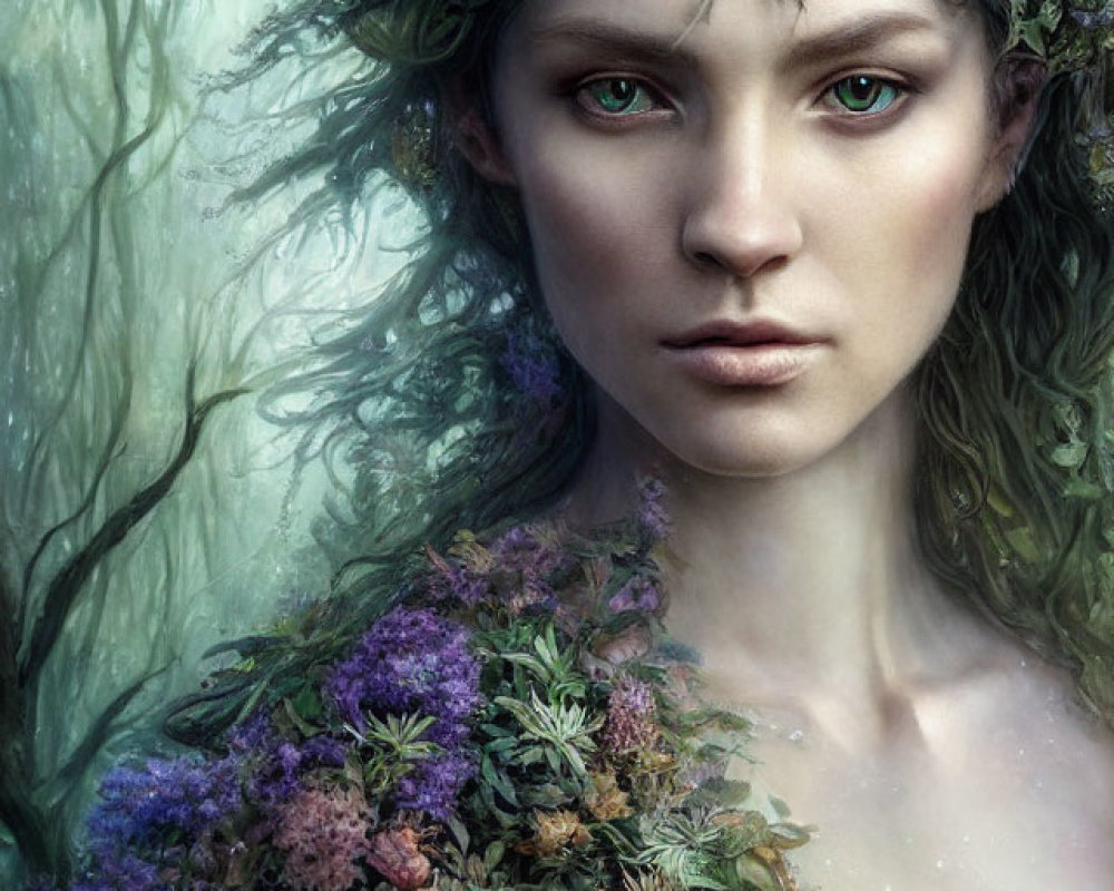 Portrait of a woman with green eyes and floral wreath in mystical forest