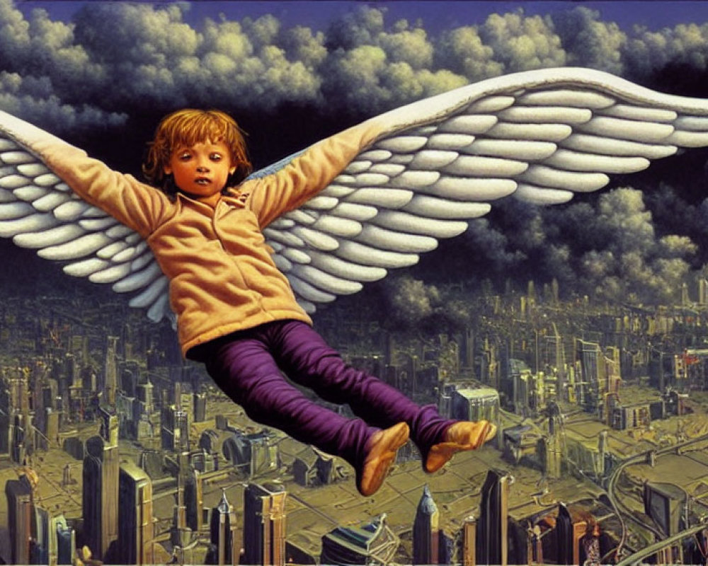 Child with large wings flying over futuristic cityscape.