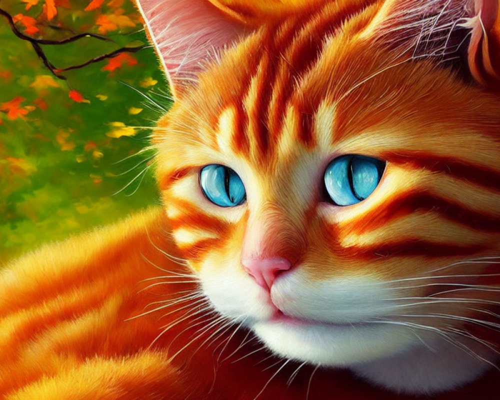 Orange Tabby Cat with Blue Eyes in Autumn Setting