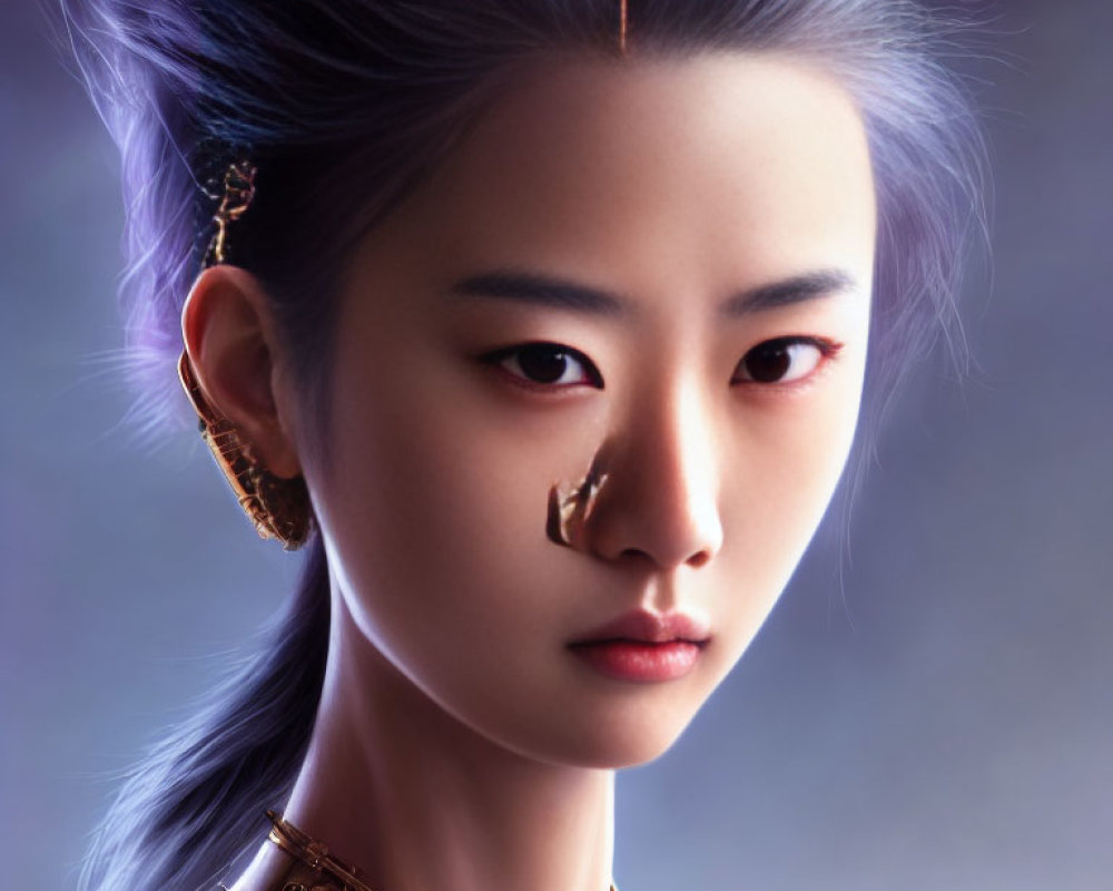 Asian-inspired female character with elegant jewelry and detailed facial features on soft purple background