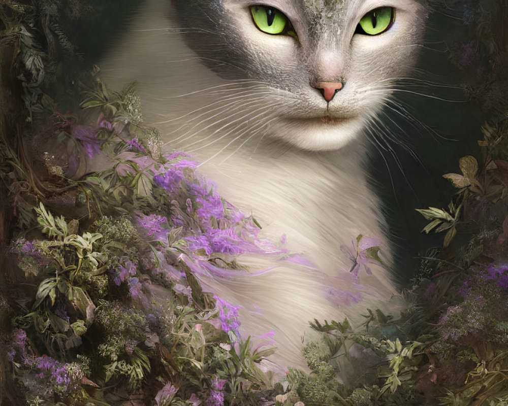 White cat with green eyes surrounded by purple flowers and plants on floral background