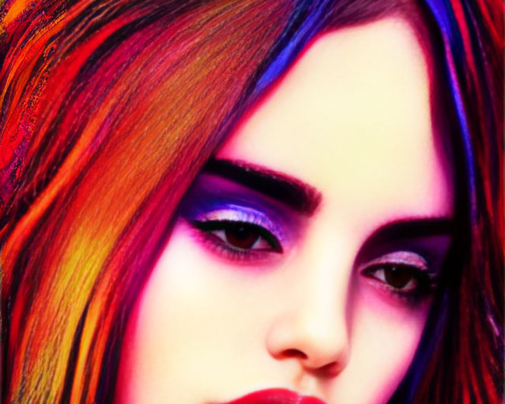 Colorful hair and intense makeup on woman with contemplative expression