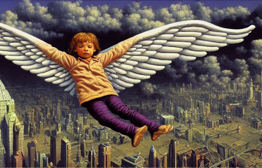 Child with large wings flying over futuristic cityscape.