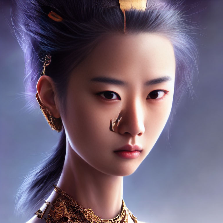 Asian-inspired female character with elegant jewelry and detailed facial features on soft purple background