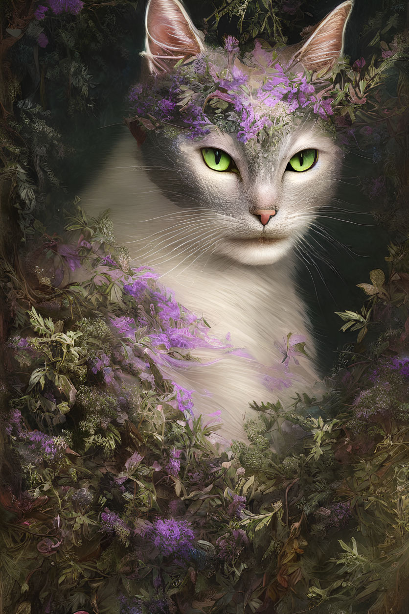 White cat with green eyes surrounded by purple flowers and plants on floral background