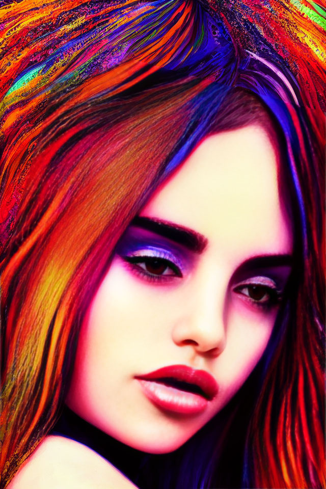 Colorful hair and intense makeup on woman with contemplative expression