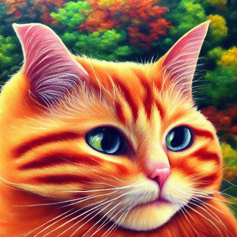 Colorful autumnal foliage background with vibrant orange tabby cat.