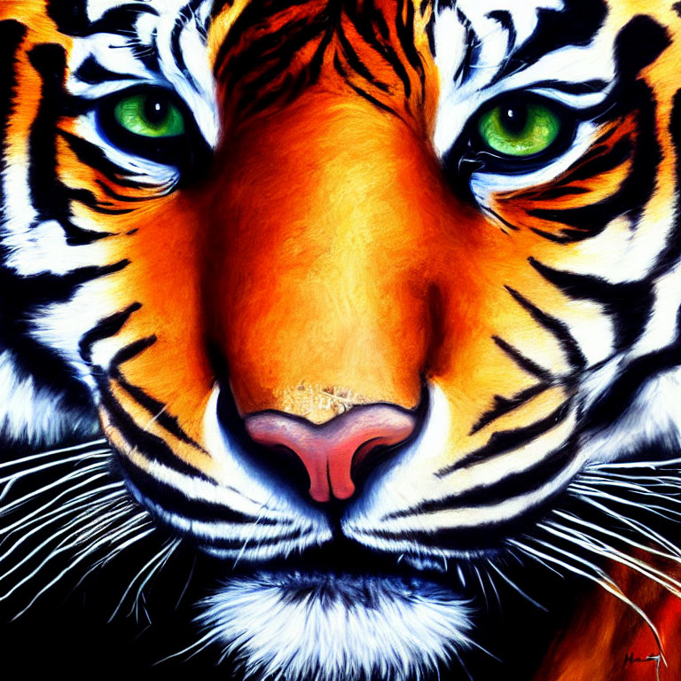 Detailed Close-Up Painting of Tiger's Face with Green Eyes