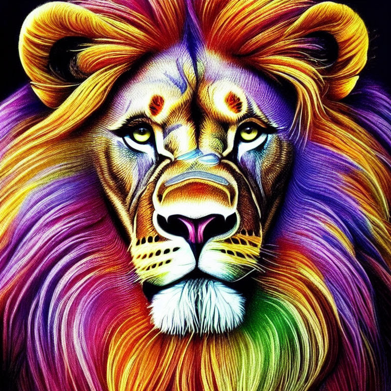 Colorful Lion Face Illustration with Purple, Yellow, and Orange Mane on Black Background
