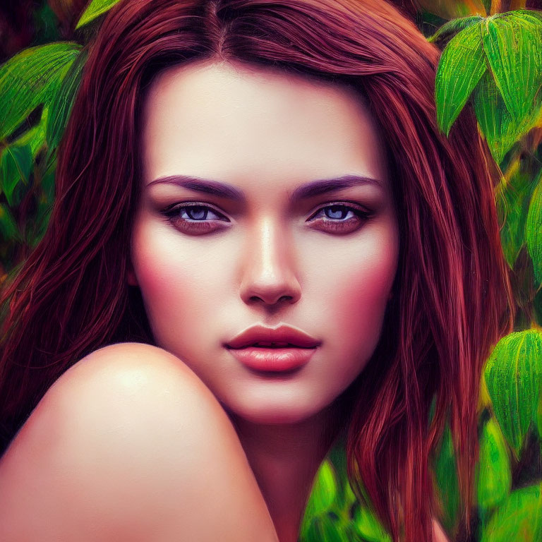 Digital painting of woman with brown hair and intense gaze, fair skin, surrounded by green leaves